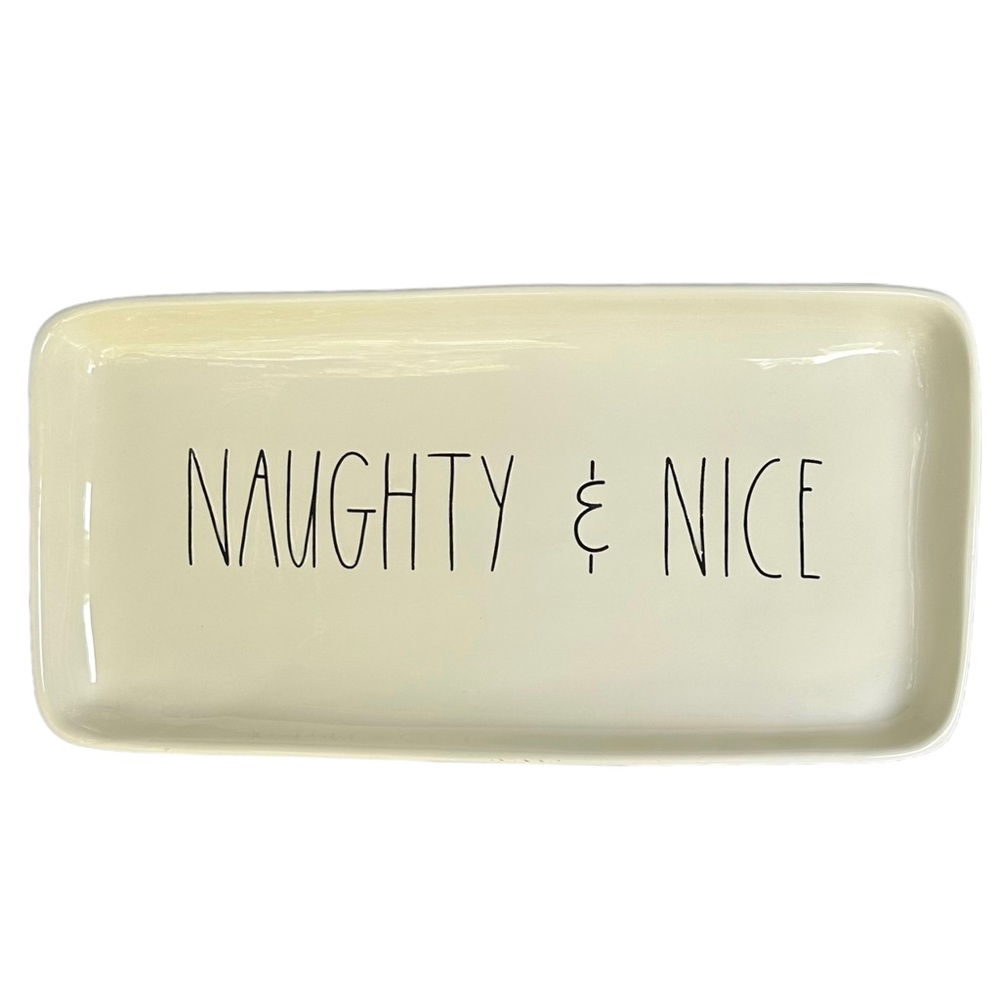 Rae Dunn NAUGHTY & NICE Platter Christmas White Black Long Letters NWT 2017 OG
